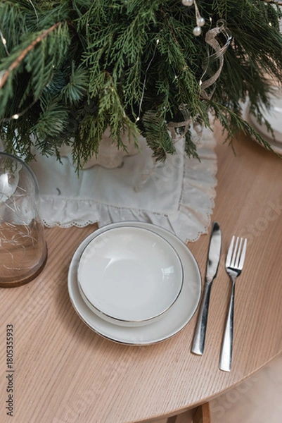 Fototapeta christmas table setting with christmas decorations