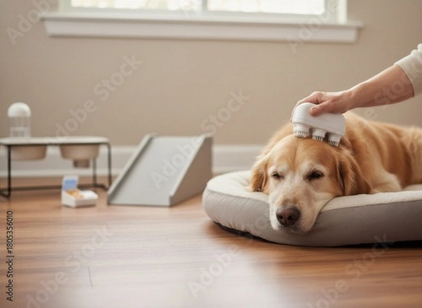 Obraz Relaxed Golden Retriever dog on a pet bed getting a soothing head massage from a person's hand using a white device indoors.