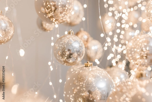 Fototapeta Silver and golden christmas balls with garland with lights. Christmas mood concept for background