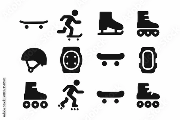 Fototapeta Skateboards, rollerblades, helmets, pads: essential icons for skating enthusiasts