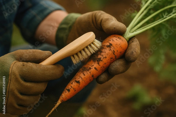 Fototapeta Harvest Harmony: A close-up shot showing a gardener delicately brushing soil off a freshly harvested carrot, embodying the care and dedication behind fresh produce. 