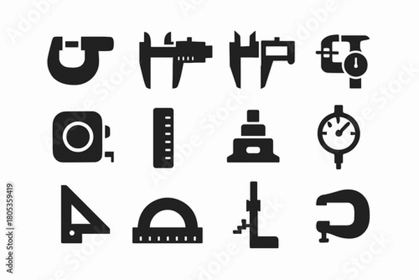 Fototapeta Silhouette icons of measuring tools including calipers and ruler