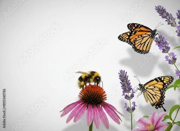 Obraz Bumblebee on pink coneflower and two Monarch butterflies with lavender and clematis, isolated on white with copy space
