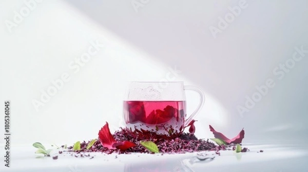 Obraz This vibrant cup of hibiscus tea, adorned with fresh petals and herbs, offers a refreshing beverage perfect for relaxation and enjoying life’s simple pleasures.