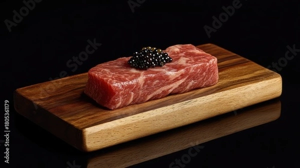 Fototapeta An exquisite presentation of premium sliced meat elegantly topped with caviar, showcased on a wooden platter, embodies luxury dining and culinary artistry for high-end food enthusiasts.