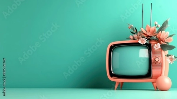 Fototapeta This charming retro television set adorned with vibrant flowers sits against a smooth turquoise backdrop, symbolizing nostalgia and creativity in design.