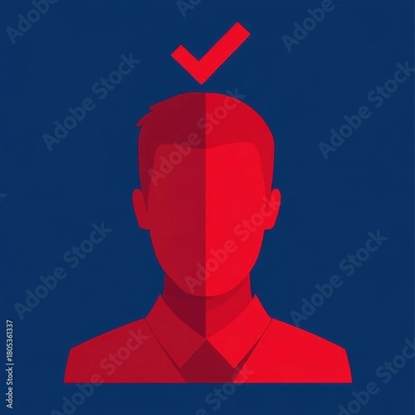 Fototapeta A minimalist design featuring a red avatar silhouette with a checkmark, symbolizing assurance and correctness in a modern, efficient approach to identity representation.