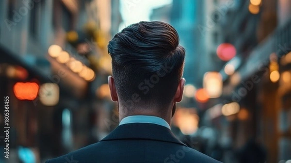 Obraz A man in a sleek suit stands with his back to the camera, gazing at a vibrant city scene filled with lights and life, symbolizing aspirations, ambition, and urban lifestyle.