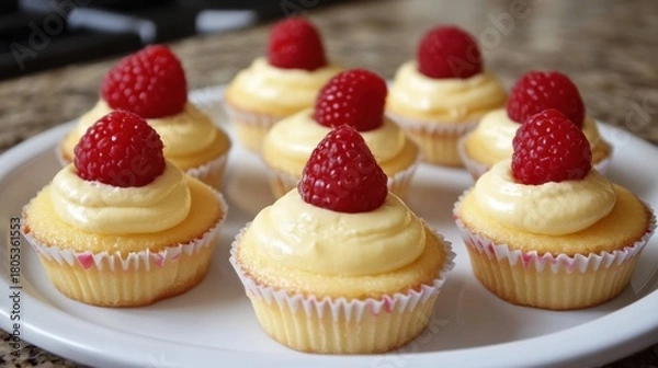 Obraz A delightful arrangement of cupcakes topped with creamy frosting and fresh raspberries captures the essence of sweet indulgence, perfect for any celebratory occasion.
