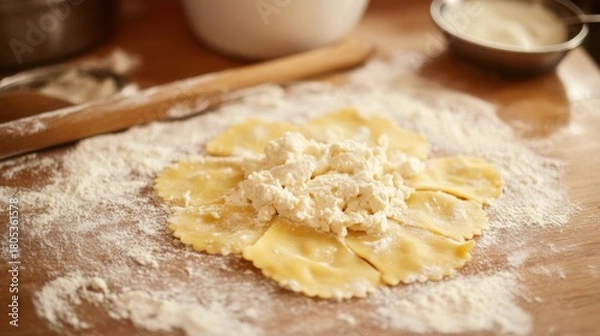 Obraz This image showcases homemade ravioli filled with creamy ricotta cheese, set against a backdrop of flour, highlighting the art of traditional pasta-making in a cozy kitchen.
