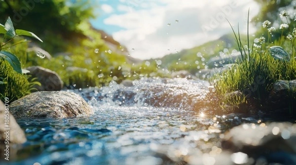 Fototapeta This vibrant image captures a clear stream flowing through lush green foliage, symbolizing the refreshing essence of nature and inviting serenity and rejuvenation to the viewer.