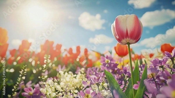 Fototapeta A picturesque field adorned with vivid flowers under a bright sky, showcasing nature's beauty and color diversity, inviting feelings of joy and tranquility.