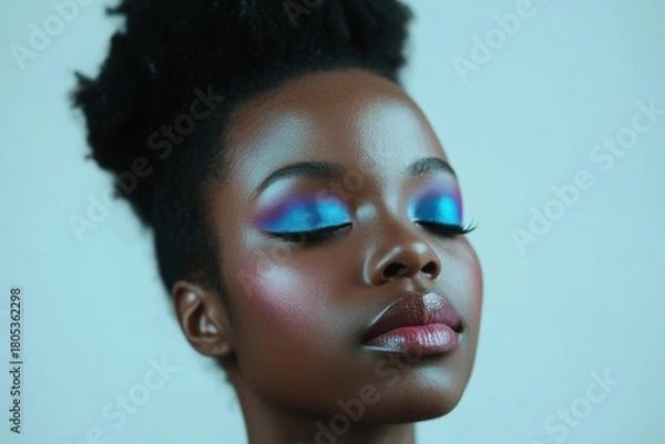 Fototapeta A captivating portrait highlighting a model with vibrant, artistic makeup, showcasing bold colors and delicate features that express confidence and individuality in beauty.