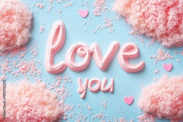 Fototapeta A creative arrangement of the words 'Love You' crafted from candy, surrounded by fluffy clouds and hearts, representing affection, sweetness, and celebration.