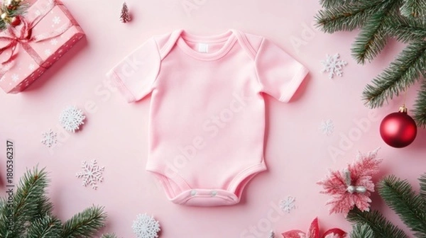 Fototapeta A cute pink baby onesie displayed amidst festive decorations, embodying the spirit of joy, innocence, and the special bond of love shared with loved ones.