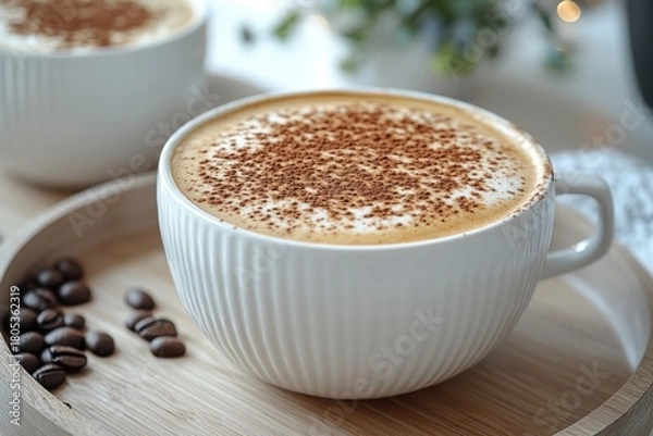 Obraz A beautifully presented cup of coffee topped with cocoa powder, accompanied by coffee beans, perfect for a relaxing moment or an energizing start to the day.