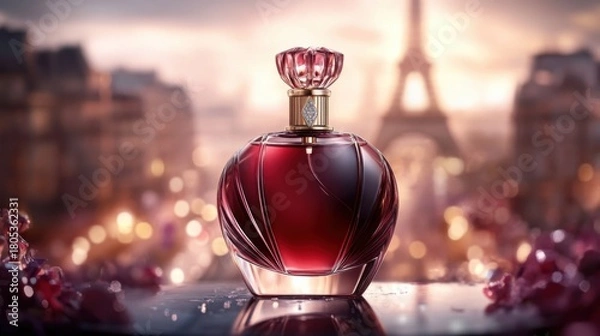 Fototapeta A stunning perfume bottle reflecting elegance and sophistication, set against a gorgeous Paris skyline, embodying luxury, beauty, and a timeless appeal.