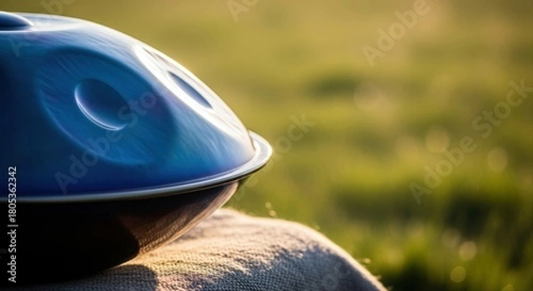 Fototapeta blue handpan resting on grassy meadow at sunset creating a serene and peaceful ambiance