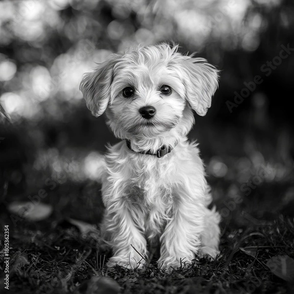 Fototapeta A cute small dog with fluffy fur is sitting on the grass, showcasing its adorable features and innocence in a charming black and white setting.