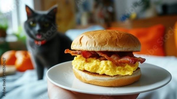 Obraz A tempting breakfast sandwich filled with egg and bacon is held up in focus, with a curious cat in the background, hinting at a cozy morning setting.