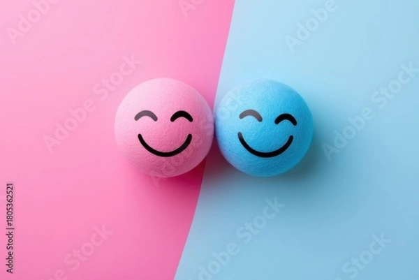 Fototapeta Two vibrant smiley balls in pink and blue sit side by side, representing joy and positivity against a colorful background that enhances their cheerful expressions.