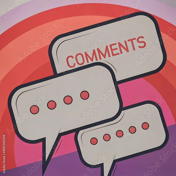 Fototapeta Stacked comment bubbles in white with red dots and “COMMENTS” text, layered on curved red and pink background, stylized communication and message interface illustration.