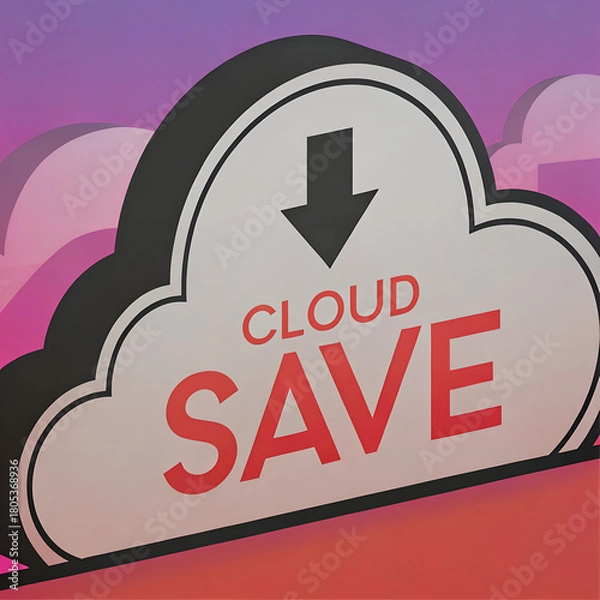 Fototapeta Cloud-shaped illustration with bold red text “SAVE”, black downward arrow, soft pink and purple background, stylized digital cloud storage symbol in clean graphic style.