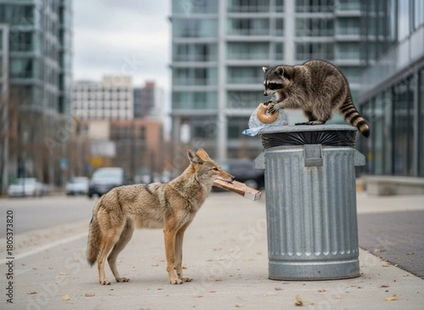 Obraz Raccoon on galvanized trash can eating a bagel, while coyote on sidewalk holds cardboard, both scavenging in urban city