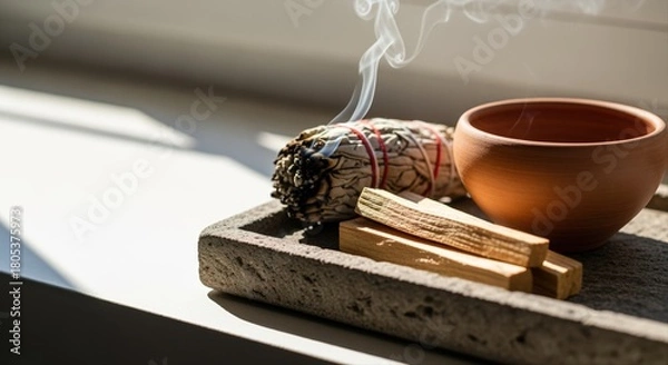 Fototapeta sage smudging ritual with palo santo and clay bowl on stone tray in sunlight