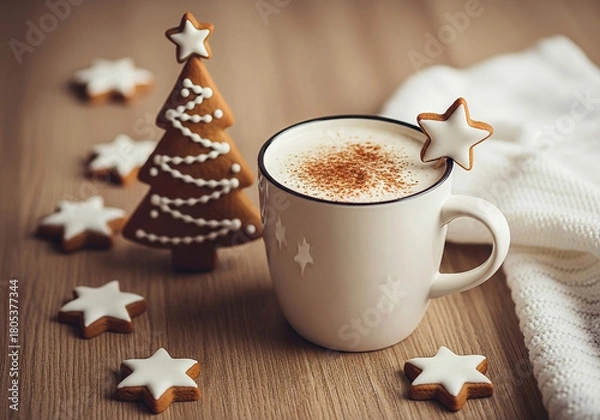 Obraz White mug of creamy hot cocoa with star shaped gingerbread cookies and Christmas tree