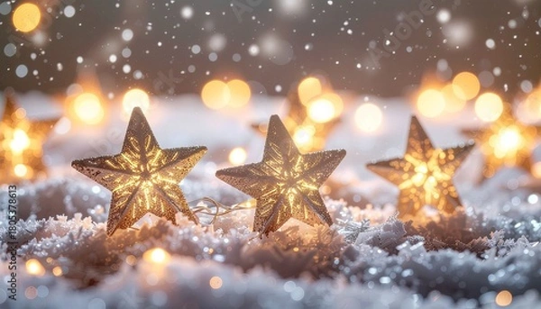 Obraz Golden Stars Sparkling Amidst Snowflakes and Bokeh Lights Christmas Decoration