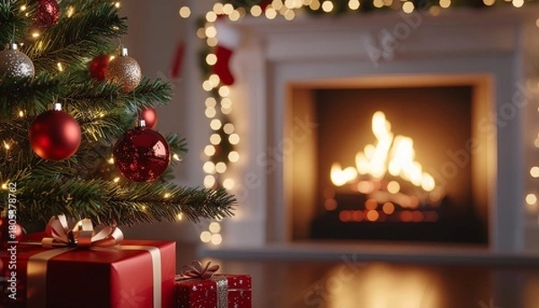 Obraz Decorated Christmas Tree with Red Ornaments and Cozy Fireplace Ambiance