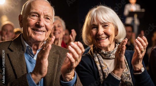 Obraz elderly couple clapping at a joyful event with audience in background under warm lighting