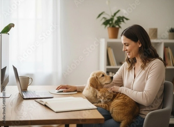 Obraz Smiling young woman working on laptop at a wooden desk, petting golden retriever and ginger cat, with a green parrot on the monitor in a bright home office.