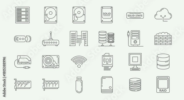 Fototapeta A collection of computer hardware and technology icons, including servers, drives, and cloud symbols