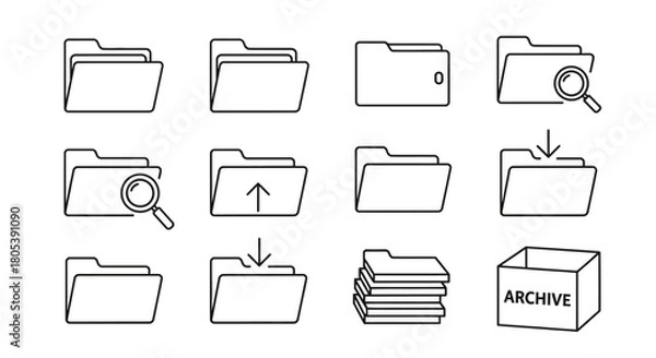 Fototapeta Collection of folder icons with search, upload, download, and archive options
