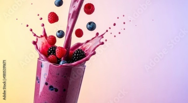 Obraz Vibrant mixed berry smoothie splash with fresh raspberries and blueberries