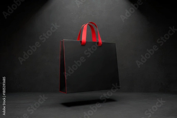 Fototapeta Black Friday Shopping Bag Mockup – Luxury Black Paper Bag with Red Handles on Dark Background