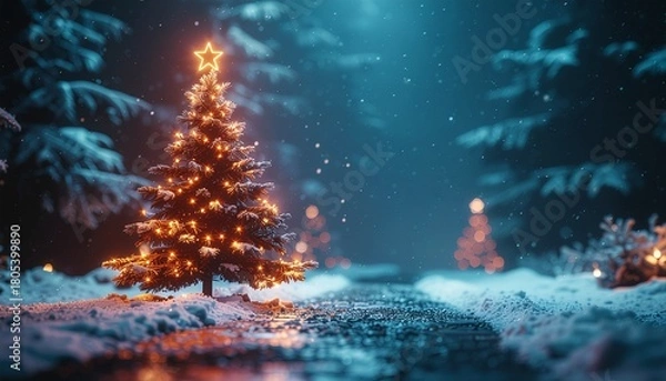 Obraz Glowing Christmas Tree in Snowy Forest at Night with Soft Lighting and Cold Blue Background for Holiday Season