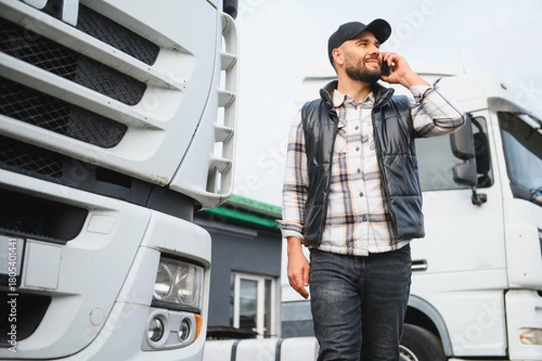 Fototapeta Truck driver talking on phone near lorry transportation