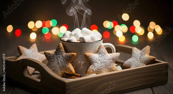 Fototapeta Star Cookies and Cocoa with Marshmallows