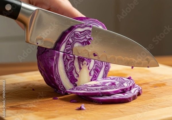 Obraz Vibrant Purple Cabbage Being Sliced on a Cutting Board