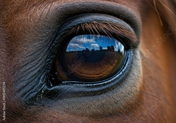 Fototapeta Equine Gaze Reveals a Detailed Sky and Field Reflection