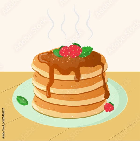 Obraz Delicious pancakes stack, with strawberries, syrup, mint leaves, powdered sugar, on a plate, syrup, berries, breakfast