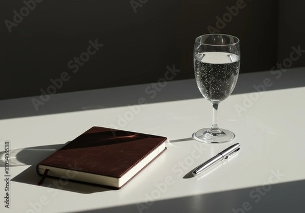 Fototapeta Still Life of a Journal Pen and Bubbly Drink in Sunlight
