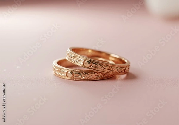 Fototapeta Two elegant gold rings with intricate floral engraving on a blush background