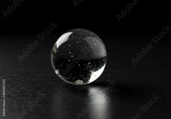 Fototapeta Clear Glass Orb with Specks on Dark Surface, Reflective Sphere Art