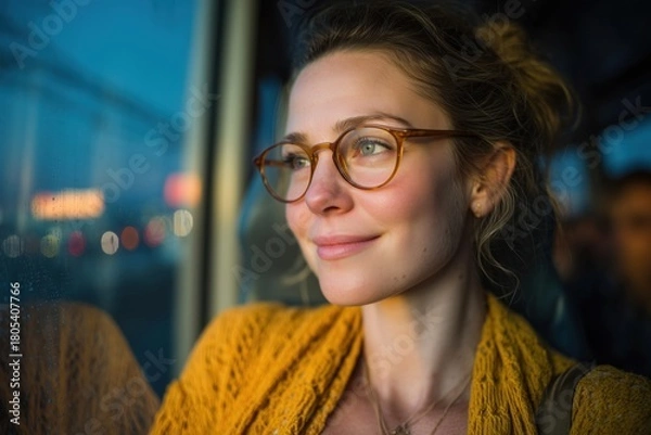 Obraz Dreamy woman riding bus at night