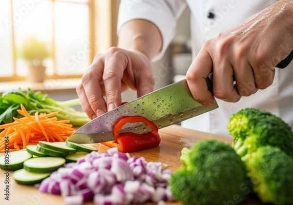 Fototapeta Professional Chef Slicing Red Pepper on a Cutting Board Amidst Fresh Vegetables