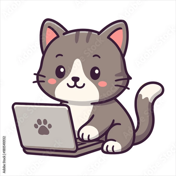 Fototapeta Cute gray striped cat using a laptop, flat vector logo illustration for your design needs
